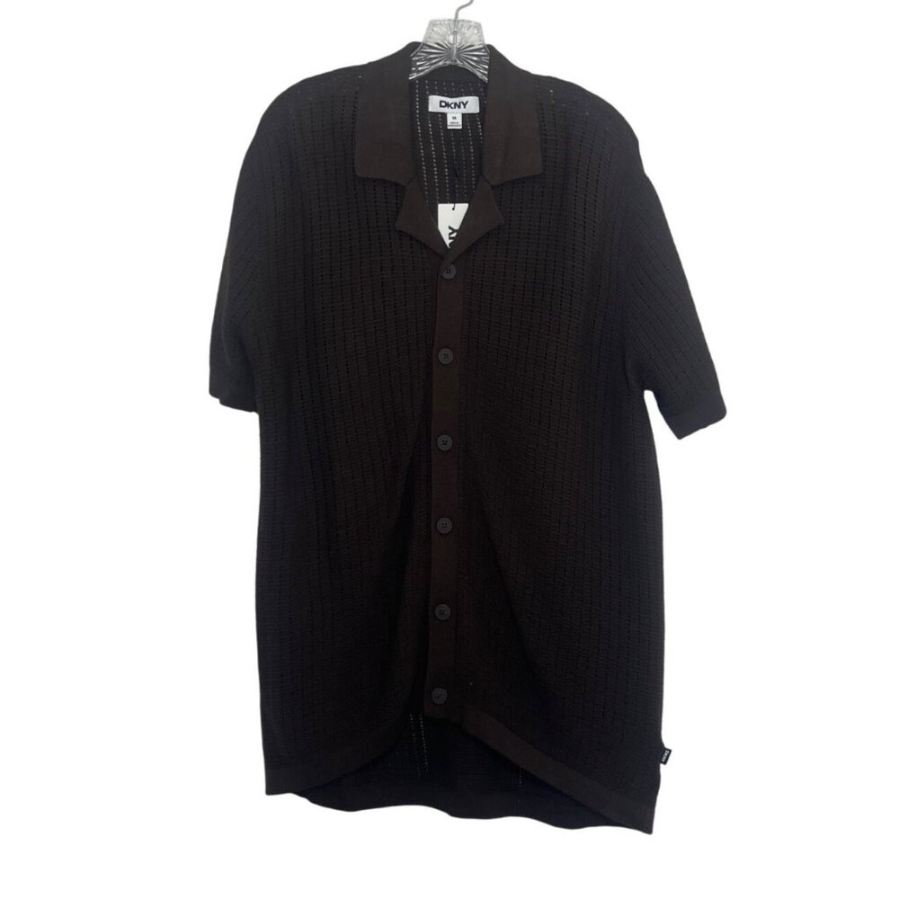 DKNY Cotton Grid Knit Camp Shirt Mens Medium Dark Brown New Coastal Preppy